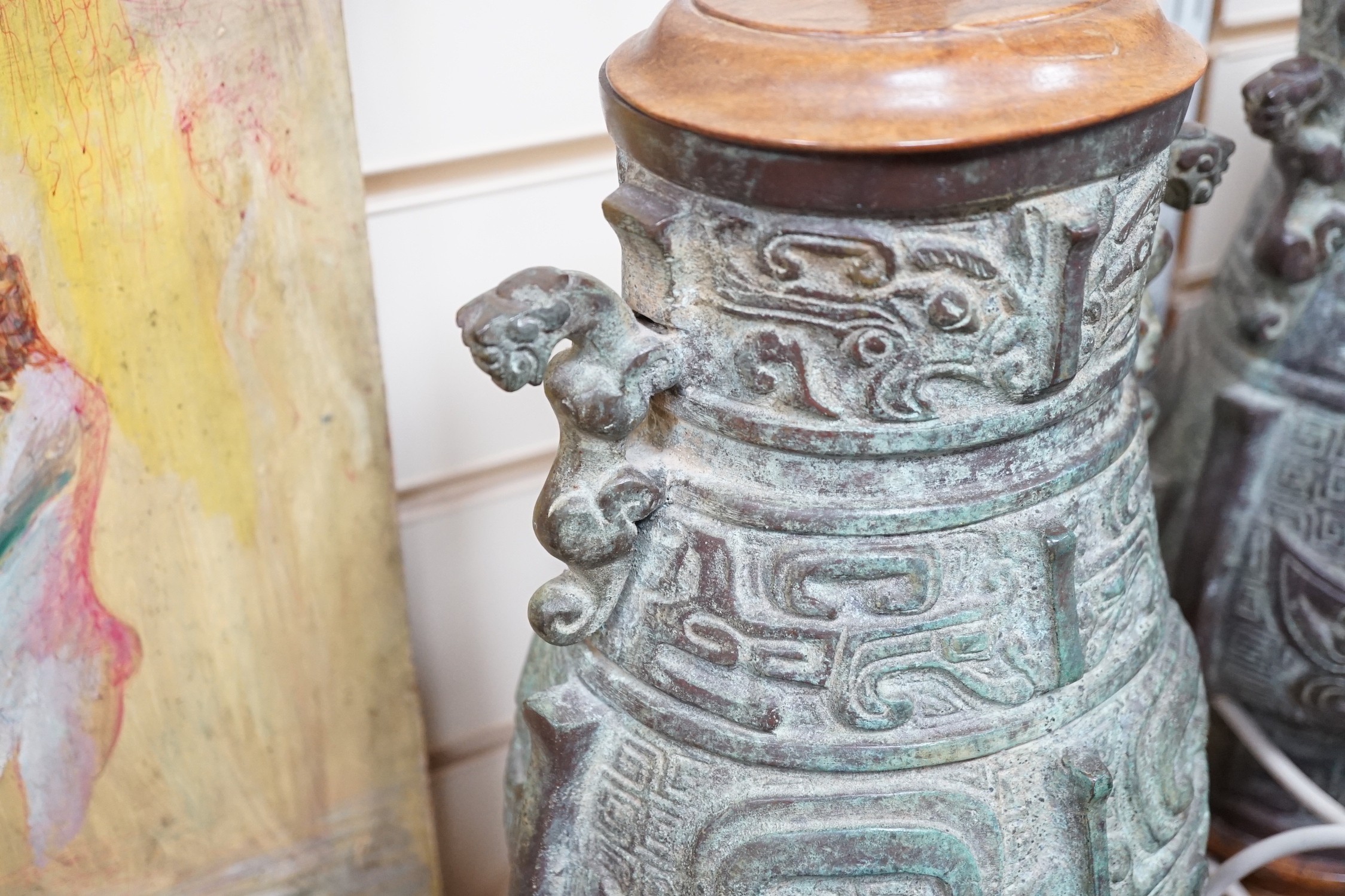 A pair of Chinese archaistic bronze ‘hu’ telescopic table lamps